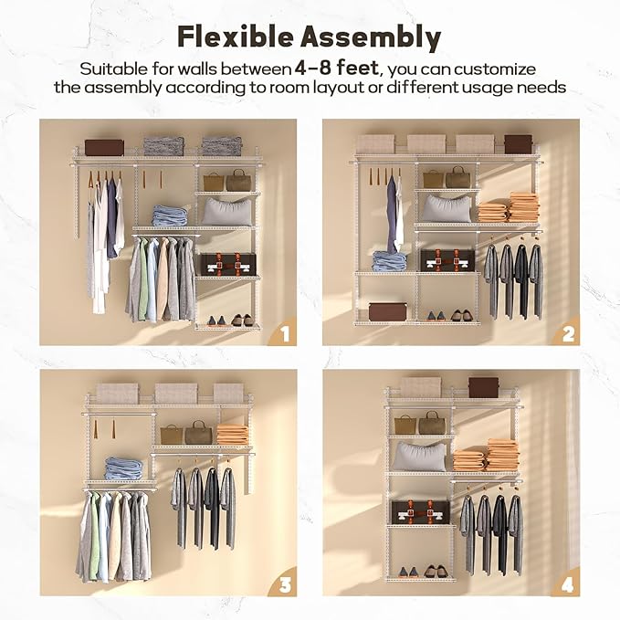 Homde Closet Organizer System Wall Mounted, 4-8 Ft. Adjustable and Expandable Metal Wire Shelving, Custom DIY Wardrobe Kit with Shelf, Clothes Hanging Rods, for Home Closet Laundry Mudroom