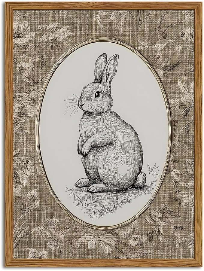 Framed Vintage Rabbit Wall Art, Cute Easter Bunny Pictures Wall Decor, Rustic Farmhouse Animal Paintings Canvas Prints Cottagecore Home Decor for Nursery Living Room Bedroom 16x24 inch