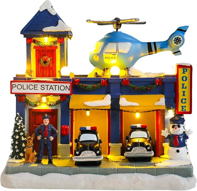 WONDER GARDEN Christmas Village Houses-Christmas Houses Village - Lighted Musical Police Station Collectible Buildings with Moving Car and Helicopter for Home Indoor Decor or Gift