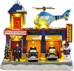 WONDER GARDEN Christmas Village Houses-Christmas Houses Village - Lighted Musical Police Station Collectible Buildings with Moving Car and Helicopter for Home Indoor Decor or Gift
