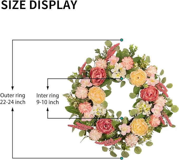 22 Inch Spring Summer Wreath for Front Door, Realistic Silk Peony & Hydrangea Wreath with Yellow Pink Flowers Grain Stems, Artificial Floral Wreath for Indoor Outdoor Porch Wall Farmhouse Decor