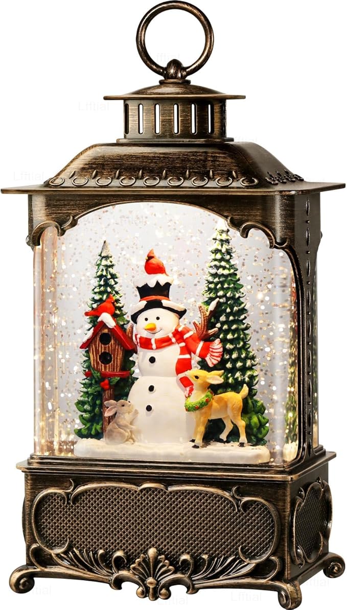 Christmas Snow Globes Snowman Snow Globe Lantern, Lighted Christmas Decorations Indoor for Home with Music Timer Glitter, Deer Cardinal Scene Musical Festival Gifts, USB & Battery Operated