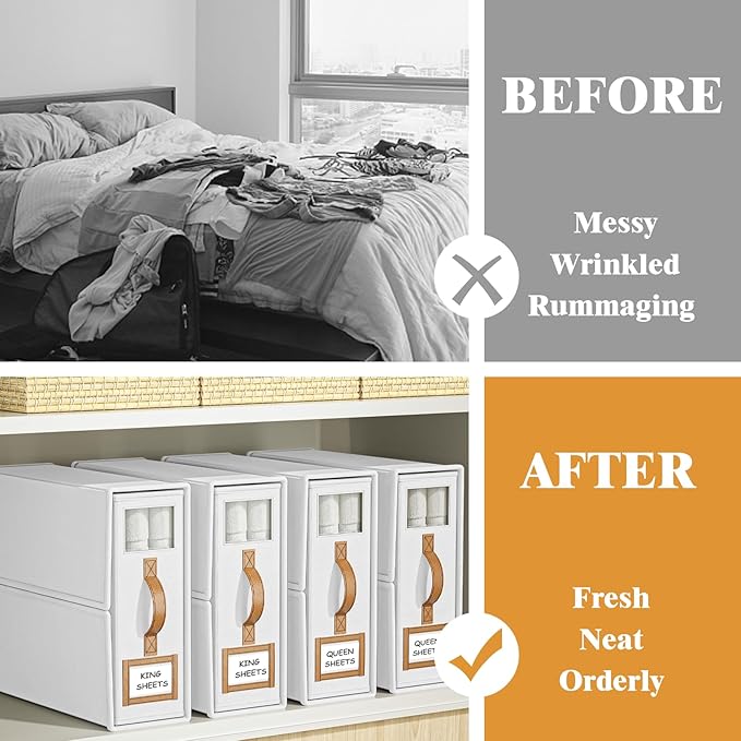 4 Pack Foldable Bed Sheets Set Organizers and Storage(King & Queen Size),Linen Fabric Closet Organizers with Window,Folding Bedding Storage Box for Bedsheets and Pillow Cube Organizer-White