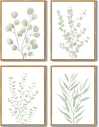Drsoum Botanical Plant Framed Wall Art Boho Wall Decor for Bathroom Sage Green Eucalyptus Leaf Prints Minimalist Aesthetic Ready to Hang Set of 4, 11x14 in (Natural Framed)