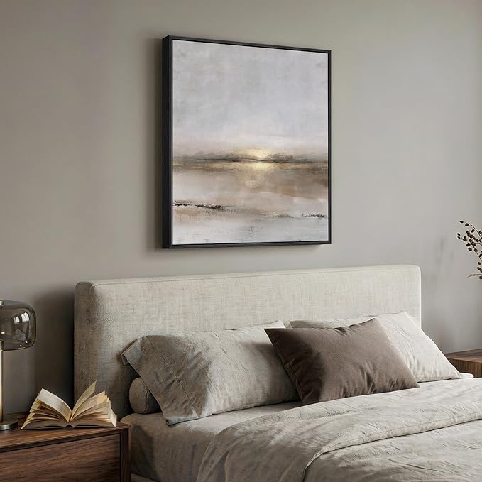 Framed Neutral Abstract Landscape Wall Art, Modern Gray Black Gold Canvas Prints Artwork for Walls, Minimalist Square Pictures for Living Room Bedroom Dining Room Hallway Office Wall Decor, 30x30 In