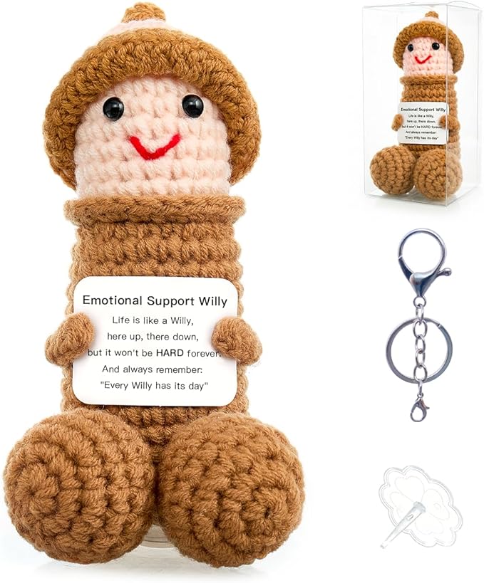 Funny Positive Crochet Animals Gag Doll Emotional Support Stuffed plushies for Adult Men Women,Weird Things Motivational White Elephant (Brown W with Hat)