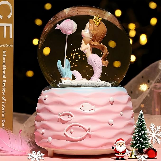 Snow Globes,Mermaid Snowglobes with Musical,LED Lights, Musical Snow Globe Music Box Color Lights