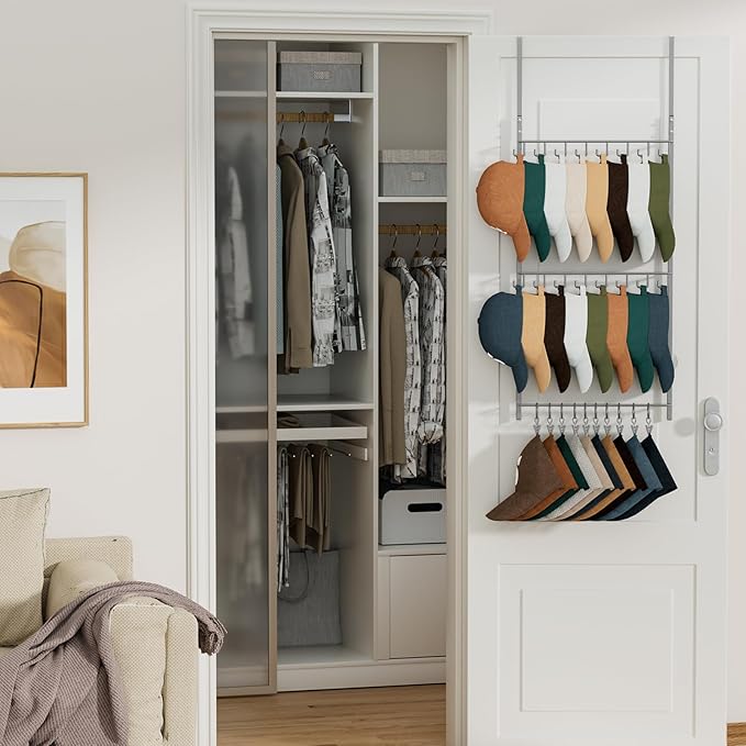 HapiRm Over Door Hat Rack - 3 Tier Wall Mounted Hat Organizer with 16 Hooks and 10 Movable Clips, Cap Hanger Storage up to 26 Caps for Door, Bedroom, Closet USPTO Patent Pending（Silver）