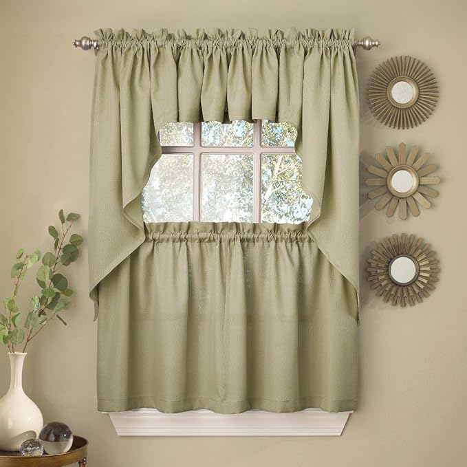 Sweet Home Collection 5 Pc Kitchen Curtain Set-Valance Swag Choice of 24" or 36" Tier Pair, Ribcord Sage