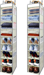 2 Pack Large-Sized Hanging Shoe Organizer 10-Shelf, Sturdy Hanging Closet Organizer with 8 Side Pockets, Wider Hanging Shelves for Storage Shoes Clothes Jeans Shirts Toys, Beige