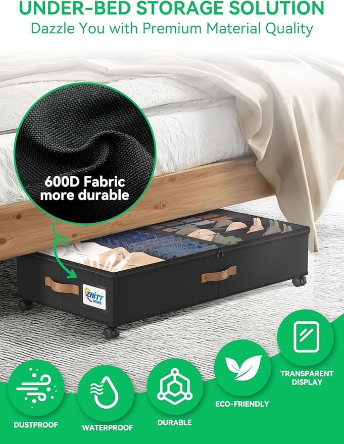 Under Bed Storage with Wheels, 2-Pack 58L Under the Bed Storage Containers with Lids, 1-Pack 15L Box, Organizer Bins Rolling Underbed Storage for Clothes, Underwear, Socks, Shoes - Delicate Style