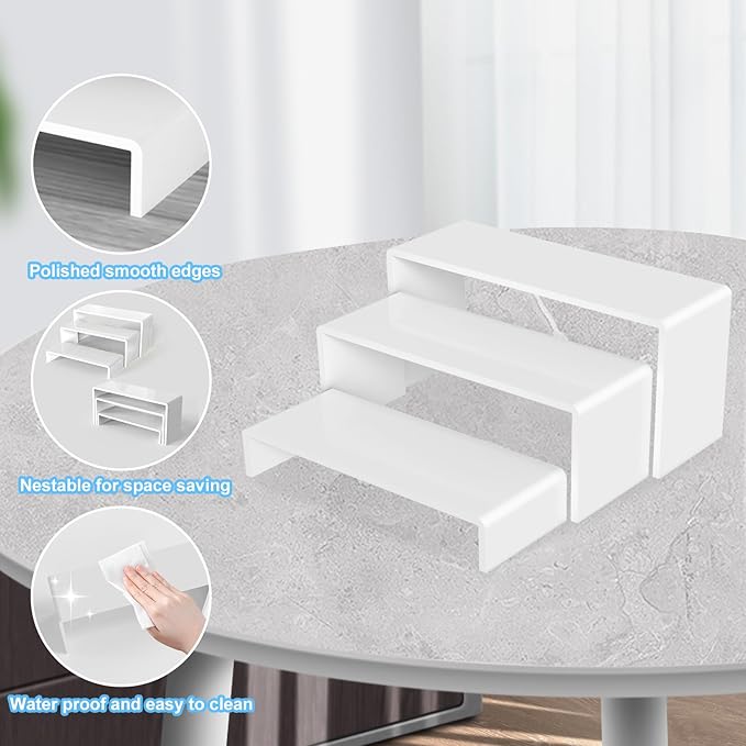 6 PCs Risers Display Stands 3 Tiers Desktop Acrylic Shelves Cake Dessert Holder Products Stand for Collectibles Shoes Jewels Pop Figure (White)