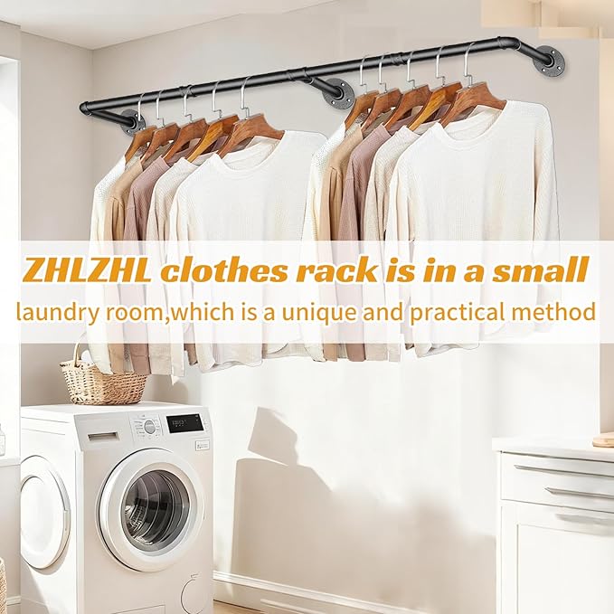 60 INCH Clothes Rack Wall Mounted, Industrial Pipe Garment Rack, Multi-Purpose Clothing Rod for Closet, Laundry Room, Retail Display, Black