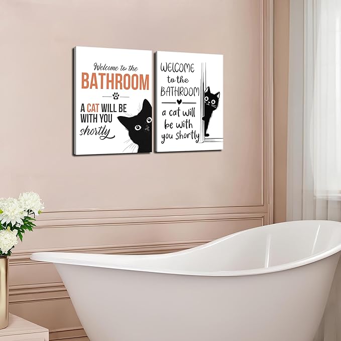 MUWAK Funny Welcome to the Bathroom Slogan Wall Art Set of 2 – Cat will Be With You Shortly Canvas Prints, Funny Bathroom Sign Pictures Wall Decor for Restroom, Washroom – 12x16in
