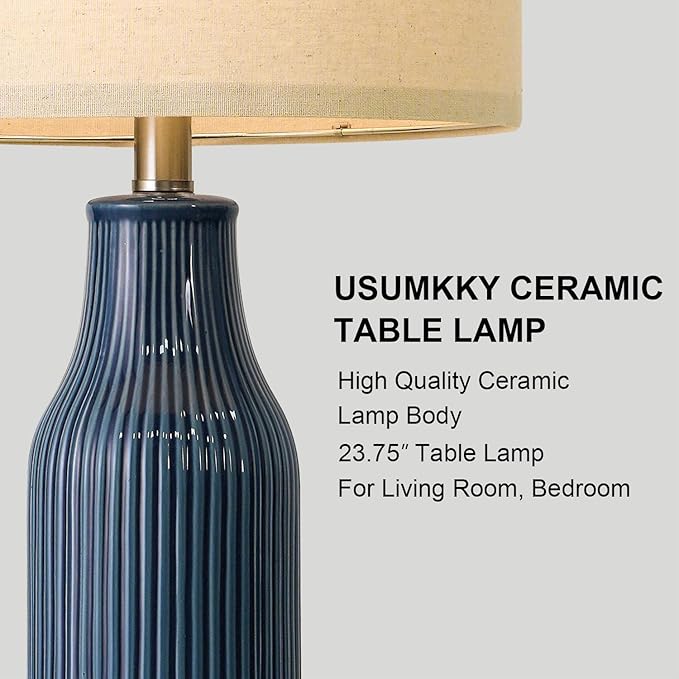 USumkky 23.75" Modern Blue Ceramic Table Lamp Set of 2 with 5FT Cord for Living Room, Farmhouse Bedside Nightstand Lamp for Bedroom Home Office Dorm