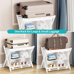White Bamboo Luggage Rack with 4 Storage Compartments ，Foldable Suitcase Stand, Luggage Rack for Guest Room , 150lbs Capacity, Sturdy,