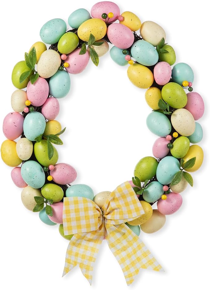 Glitzhome 18" H Easter Wreath with Artificial Easter Eggs Berries for Front Door Wall Decor, Spring Easter Egg Shaped Garland with Colored Eggs Bow Knot Holiday Decoration