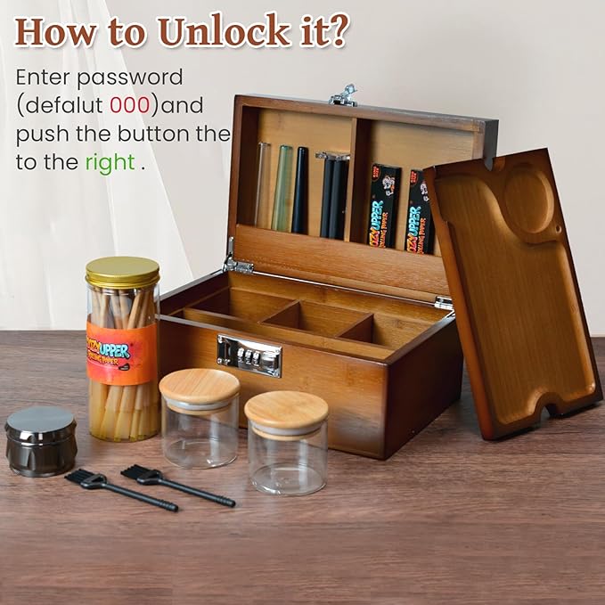 Large Bamboo Storage Box with Lock, Removable Tray, Glass Jars & Accessories, Elegant Wooden Household Organizer, Home Decor Gift Set