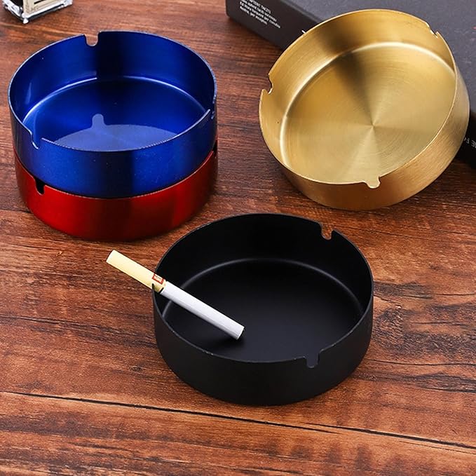 Ashtray Stainless Steel Cigarette Ashtray Ash Tray for Cigarettes 2 Pack (Black, Large-3.94in)