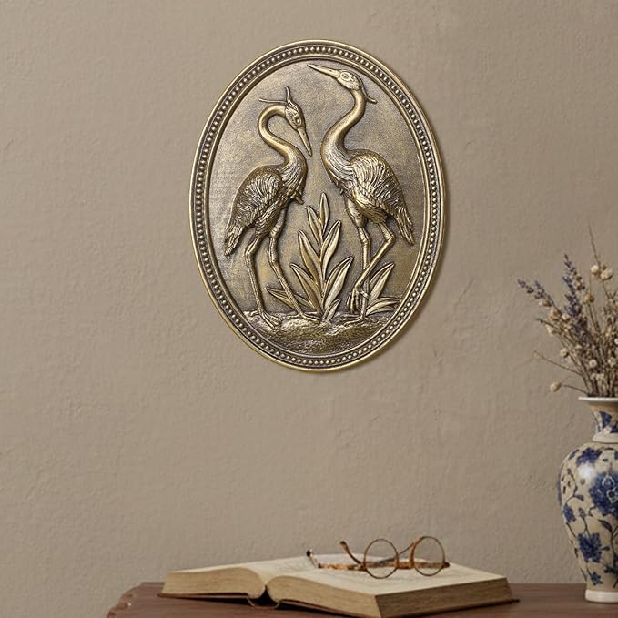 Vintage Crane Wall Sculpture, Antique Wall Decor, Crane Wall Art, Hand Painted Wall Decoration with Embossed Couple Birds Design, Heron Wall Art, Vintage Wall Decor for Living Room Bedroom Dining Room Hallway, Housewarming Gifts