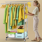 100% Stainless Steel Double Rods Clothes Rack, Heavy Duty Clothing Rack for Hanging Clothes with Sturdy Wheels & Shelves, Portable Rolling Garment Rack for Wardrobe Bedroom Laundry Living Room