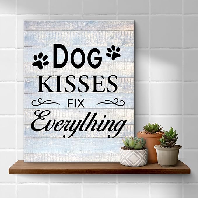 Funny Farmhouse Dog Canvas Wall Art Decor Dog Kisses Fix Everything Rustic Sign Painting Plaque Vintage Animal Pictures Print Home Decoration (11.5 X 15 Inches, Framed)