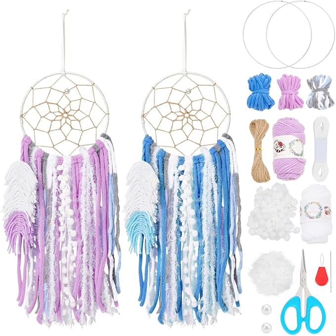 DIY Two-Color Dreamcatcher Kit 2 Set 19.69“ x 5.91“ Boho Purple Blue Wool Yarn Handmade Dream Catcher for Beginner Dream Catcher for Women Gifts DIY Wall Decor for Bedroom, Livingroom