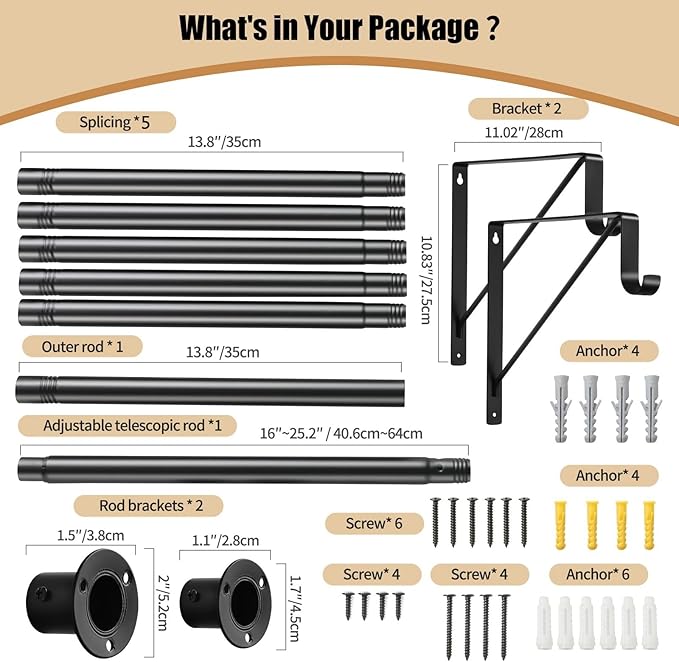 Closet Rod, 16 to 100 Inch Closet Rods Heavy Duty Adjustable Wardrobe Poles for Hanging Clothes and Heavy Duty Bracket Closet Pole Support (The Shelf NOT Included)(Black)