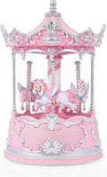 Gifts for Mom Pink Carousel Horse Snow Globe Music Box with Rotating Horses Musical Unicorn Snow Globe with Glitter for Girls, Women, Mom, Birthday Gifts Home Decorations (Pink Silver Carousel)