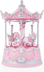 Gifts for Mom Pink Carousel Horse Snow Globe Music Box with Rotating Horses Musical Unicorn Snow Globe with Glitter for Girls, Women, Mom, Birthday Gifts Home Decorations (Pink Silver Carousel)