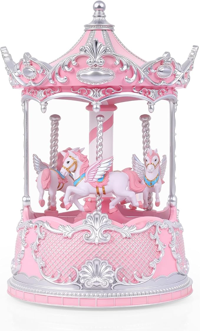 Gifts for Mom Pink Carousel Horse Snow Globe Music Box with Rotating Horses Musical Unicorn Snow Globe with Glitter for Girls, Women, Mom, Birthday Gifts Home Decorations (Pink Silver Carousel)
