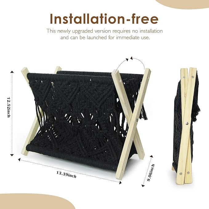 Boho Macrame Magazine Holder,Hand-Woven Magazine Rack for Home Office Desktop, Storage Basket for Letters, Magazines, Books and Newspapers (Black)