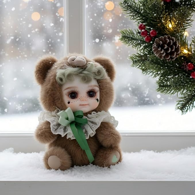 8 Inch Hand-Painted Porcelain Face Doll with Plush ＆ Acrylic Cotton Body, Mini Kawaii High-Color Makeup Ceramic Doll for Room Decor, Birthday Gifts, Collectible ，Name Kira (Brown)