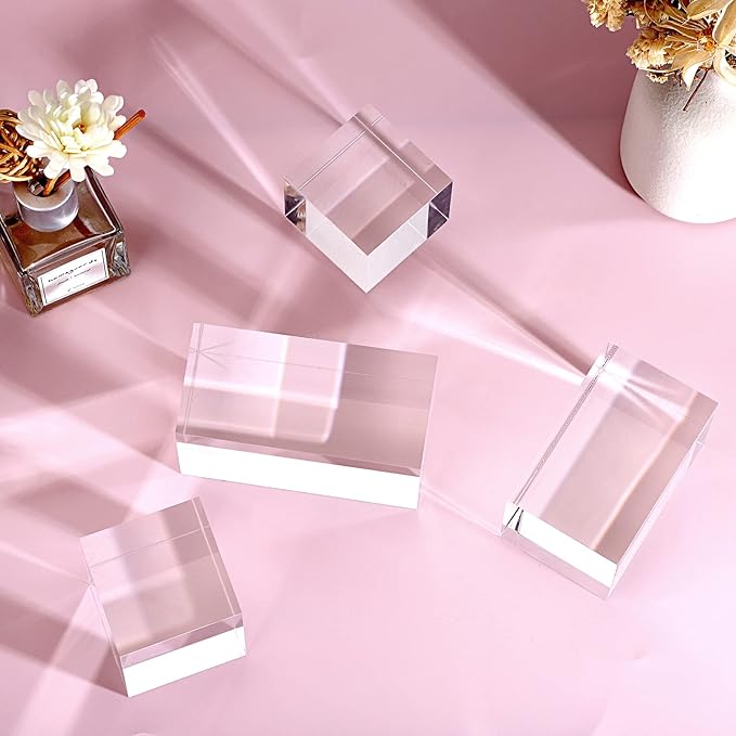 Hipiwe 4PCS Acrylic Display Risers Stand Clear Square Action Figures Collection Organizer Holder Collectibles Display Blocks Tabletop Jewelry Perfume Display Stand Photography Props