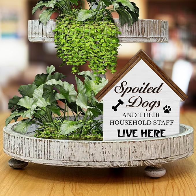 Dog Decor Gifts for Dog Lovers Owners Mom Dad, Spoiled Dogs and Their Household Staff Live Here House Shaped Wooden Block Sign, Pet Home Decor for Desk Table Shelf