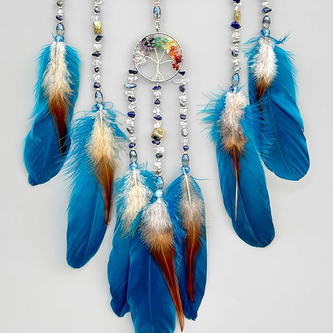 Tree of Life Dream Catchers, Handmade Woven Rainbow Healing Crystal Stone Dream Catcher Wall Hanging Ornament for Bedroom Living Room Wedding Party Decor, Festival Blessing Gift (Blue Moon)