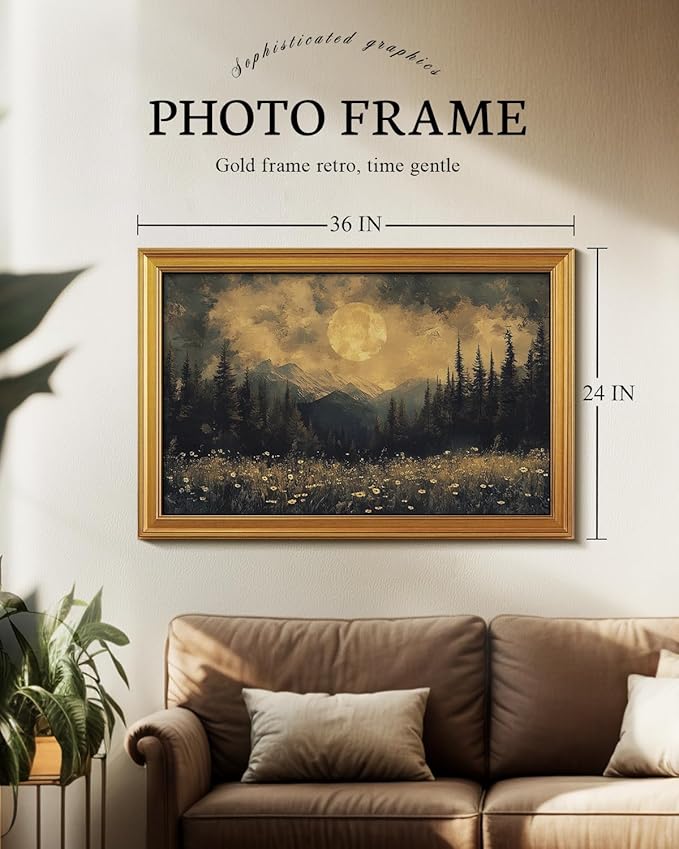 VIYYIEA Vintage Gold Framed Wall Art for Living Room, Moon Canvas Prints Halloween Home Decor, Large Oil Painting Gothic Picture, Bedroom Wall Decor Gifts for Friends -【Eternal Moon】-(36L x 24W)