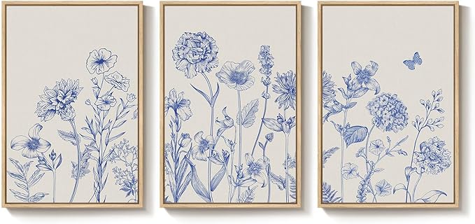 Framed Neutral Chinoiserie Blue Botanical Wall Art, 3 Piece Minimalist Floral Canvas Artwork for Modern Farmhouse, Flower Painting Prints for Living Room Bedroom Kitchen Office Dining Room, 20x30 In