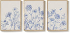 Framed Neutral Chinoiserie Blue Botanical Wall Art, 3 Piece Minimalist Floral Canvas Artwork for Modern Farmhouse, Flower Painting Prints for Living Room Bedroom Kitchen Office Dining Room, 20x30 In
