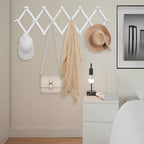 Accordion Wall Hanger with 16 Hooks, Wooden Coffee Mug Rack for Wall, Expandable Accordion Hook Rack Wall Mounted for Mug, Tea Cup, Purse,Coat, Hat, Cap(White)