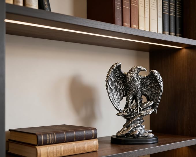 Metallic Silver Eagle Statue for Home Office Man Table Decoration 10 inch Eagle Scout Gifts, US Citizenship Gifts, Symbol of Justice and Freedom