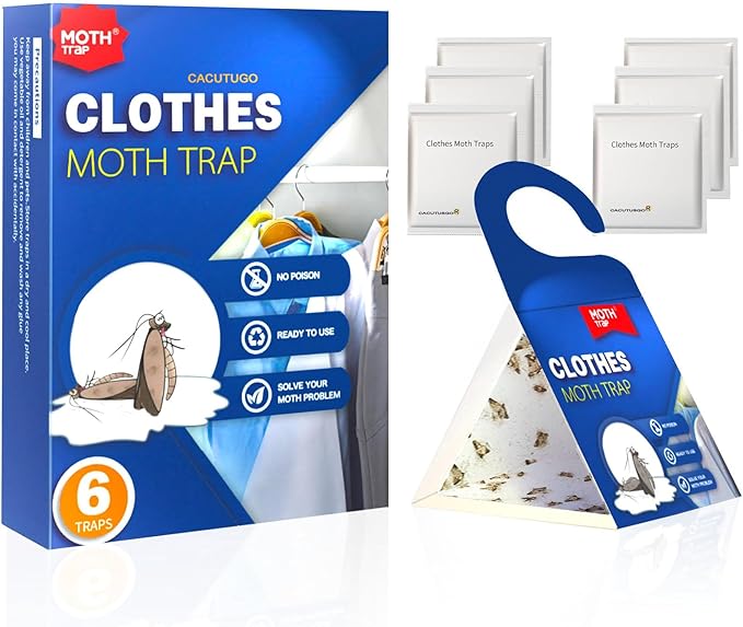 【𝐇𝐢𝐠𝐡𝐥𝐲 𝐄𝐟𝐟𝐞𝐜𝐭𝐢𝐯𝐞】 Clothes Moth Traps with Extra Strength Pheromone Attractant -NonToxic Sticky Glue for Closet and Carpets Bearing Webbing Moths, 6 Pack