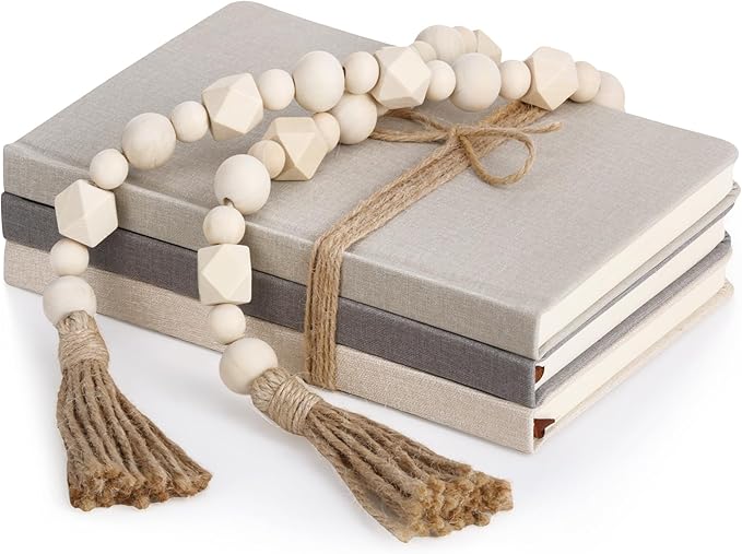 Feifeiya 3 Pieces Faux Decorative Books Set for Home Decor Fake Book for Shelves Coffee Table Stacked Linen Covered Display Notebook with Wood Bead Bookend Gift for Living Room (Classical Grey)