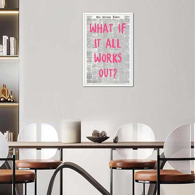 Drimiler What If It All Works Out Poster Retro Newspaper Pink Font Canvas Wall Art Positive Affirming Quote Minimalist Prints Painting For Home Bedroom Dorm Wall Decor 12x18in Unframed