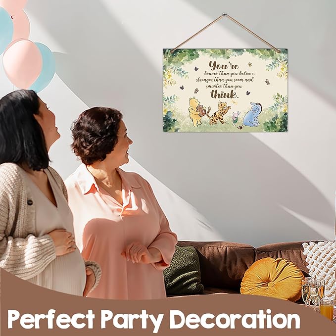 Hatzelou 1PCS Winnie Quotes Baby Shower Sign, the Pooh Wall Hanging Sign, You're Braver Than You Believe Wall Gifts, Perfect for Nursery Home Bedroom, Baby Shower Party Supplies