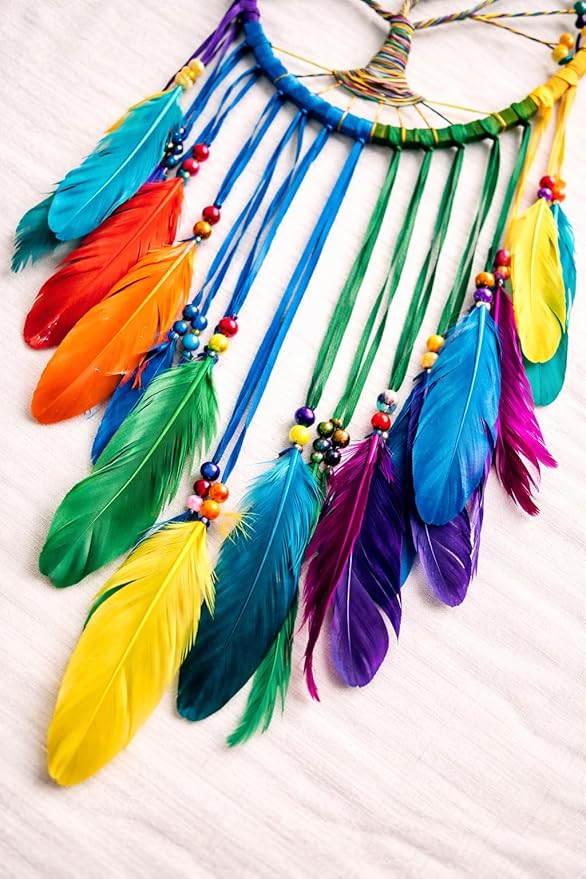 OMA Chakra Rainbow Dream Catcher, Tree of Life Design with Feathers and Beads, Rainbow Suede Authentic Traditional Dream Catcher Boho Home Decor - Large Size - 36" Long x 11" Diameter (Rainbow)