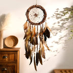 Dream Catcher Native American Boho Dreamcatcher Rattan Wall Decor, Handmade Natural Goose Feathers Brown Golden Beaded Hanging Ornament Indian Decor for Bedroom Living Room (Dark Brown)