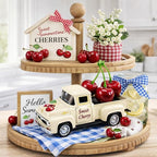Cherry Truck Decor, Vintage Cream Pickup Truck with Cherry Arrangement, Rustic Farmhouse Summer Tiered Tray Decor, Kitchen Table Centerpiece, Home Office Shelf Decorations
