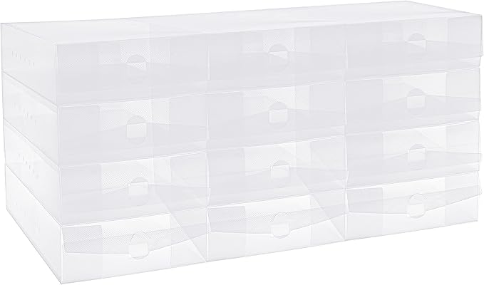 Shihanee 12 Pcs Boot Box Clear Plastic Stackable Shoe Storage Organizer Foldable Heavy Duty Shoe Containers for Closet Small Spaces Dorm Bedroom Apartments, 20.5 x 12 x 4.3 Inches