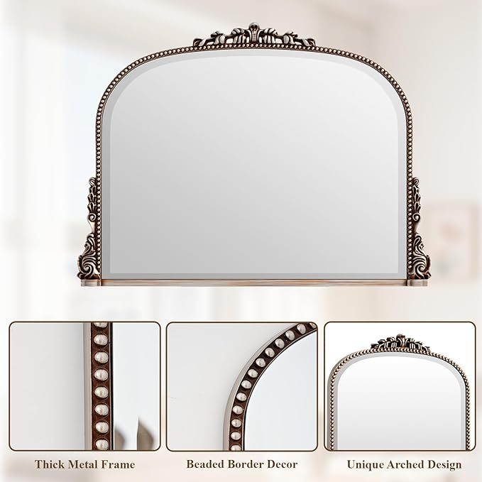 Wall Beaded Mirror, 44 x 32 Inch Round Top Right Angle Wall Mirror, Tempered Glass, Rust Resistant, Horizontally or Vertically Hanging, Silver